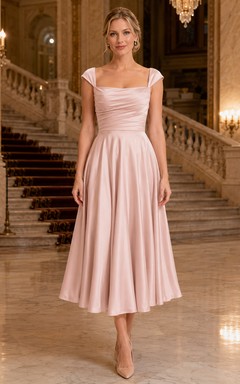 Blush Wide Strap Satin A Line Ballet Night Midi Dress