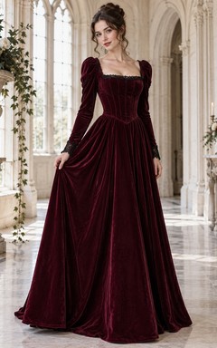 Elegante vestido formal largo hasta el suelo de terciopelo burdeos con mangas cuadradas.
