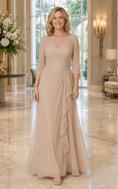 MOB-Kleid aus champagnerfarbenem Chiffon, A-Linie, lange Ärmel, U-Boot-Ausschnitt, bodenlang, mit Rüschenbesatz