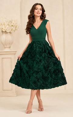 Dark Green Luxury Midi V Neck Straps Rosette Skirt Sweet Sixteen Formal Party Dress