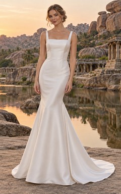 Simple Square Neck Straps Satin Mermaid Sweep Train Wedding Dress