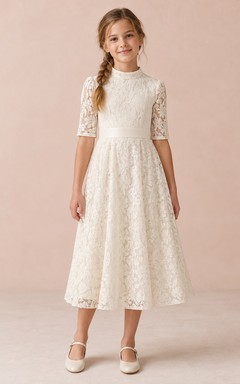 Schlichtes Vintage-Kleid in Elfenbein mit hohem Kragen, Teelänge, Ellbogenärmeln, transparenter Blattspitze, glattem Bündchen und A-Linien-Schnitt im Blumenmädchen-Stil