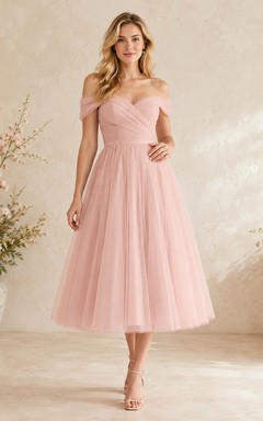 Tea-Length Blush Off Shoulder Tulle A-Line Romantic Formal Dress