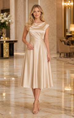 Champagne Bateau Satin Tea Length A Line Dress