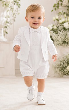 White Blazer Suspender Bubble Short Christening Suit Outfit for Baby Boy