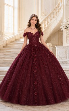Burgundy Quinceanera Regal Ball Gown Off-the-shoulder Lace Short Sleeve Floor-length Romantic Dress