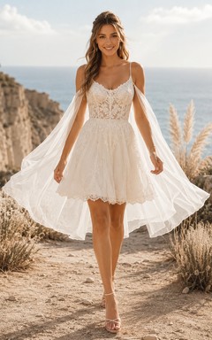 Robe de mariée courte en tulle à fines bretelles, corsage en dentelle et empiècements de cape transparents