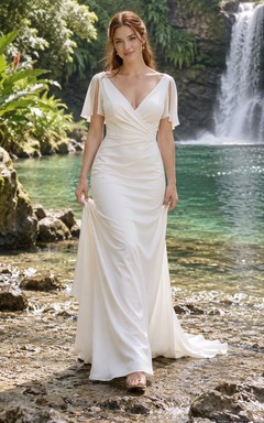 Schlichtes Brautkleid mit V-Ausschnitt, kurzen Ärmeln, drapiertem Etuikleid und Schleppe