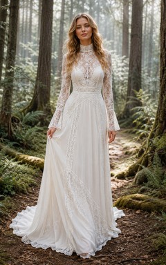 Boho-Hochzeitskleid aus Waldspitze mit hohem Kragen und langen Ärmeln