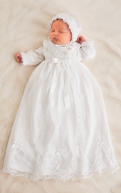 Baby Christening Gown Vintage Modest A-Line Long Sleeve Cotton Lace Floor-Length with Bonnet in White