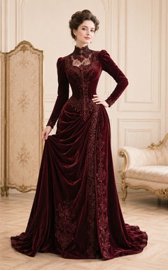 Burgunderfarbenes Samt-Abendkleid im edwardianischen Stil mit hohem Kragen und langen Ärmeln