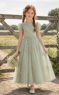 Sage Tulle Flower Girl Dress with Floral Applique