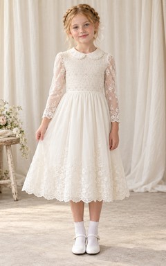 Tea-length Ivory Rounded Collar Smocked Lace Sleeve Communion Dress