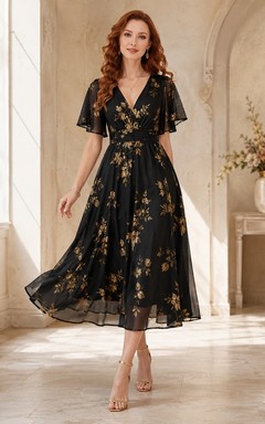 Black Gold Floral Embroidered Flutter Sleeve Chiffon A-Line Tea-Length Dress