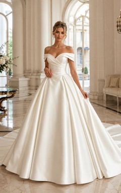 Robe de mariée en satin, robe de bal, épaules dénudées, manches courtes, traîne chapelle