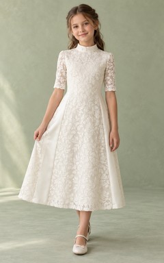 Modest High Neck Tea-length Ivory Half Sleeve Leaf Lace Smooth Panel A-Line Flowergirl Dress