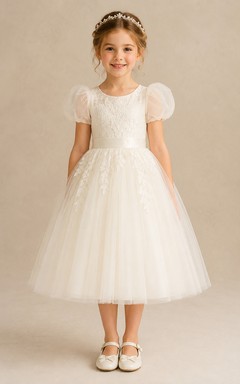 A-line Tea-length Puff Sleeve Tulle Flower Girl Dress with Ivory puff sleeves and soft tulle skirt