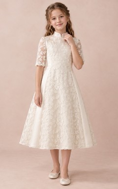 Modest High Neck Tea-length Ivory Half Sleeve Delicate Floral Lace Panel A-Line Flowergirl Dress