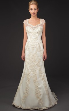 Square Neck Cap Sleeve Appliqued Tulle Wedding Dress With Brush Train