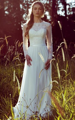 Etuikleid aus Chiffon mit langen Ärmeln, Rundhalsausschnitt und Illusionseffekt