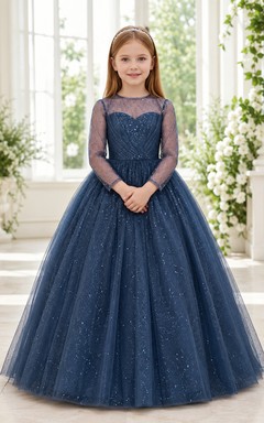 Marineblaues, paillettenbesetztes, bodenlanges Tüll-Ballkleid mit Illusionseffekt und langen Ärmeln – ein formelles Blumenmädchenkleid