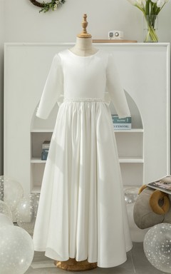 Modest Long Sleeve Scoop-neck Satin A-line Beaded Flowergirl Dress