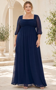 Dark Navy Square Neck Poet Sleeve Chiffon Empire Floor Plus Size Guest Dress