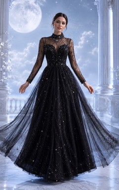 Black High-Neck Long-Sleeve Illusion Glitter-Tulle Ball Gown Floor-Length Fantasy Dress