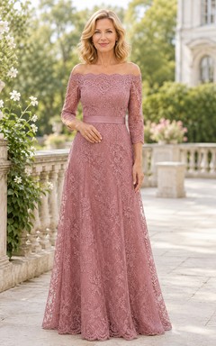 MOB-Kleid aus altrosa Spitze, A-Linie, 3/4-Ärmel, schulterfrei, bodenlang