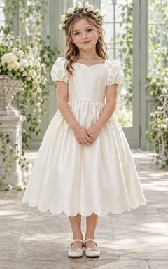 Simple Tea-length Ivory Satin Sweetheart Puff-sleeve Sashed Gathered Scalloped-hem Bow-back Flower Girl Dress