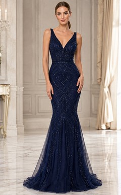 Dark Navy Beaded V-Neck Lace Mermaid Sweep Train Gown