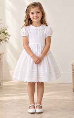 Vintage White Knee-length Scalloped Peter-Pan Collar Short Puff Sleeves Close-Tucked Gathered Rounded-Hem Button-Back Flowergirl Dress