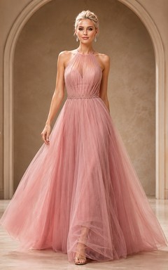 Dusty Rose High Neck Sleeveless Pleated Tulle Ball Gown Prom Dress