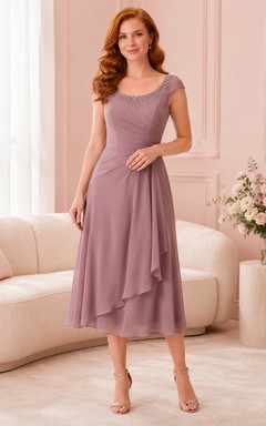 Mauve Square Neck Short Sleeve Chiffon A-Line Tea-length Romantic Guest Dress
