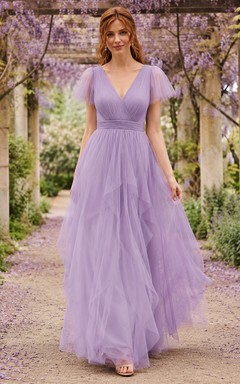 Lavender Spring Garden A-Line Tulle Chiffon Bridesmaid Dress with V-Neck Flutter Sleeve Bodice, Pleated Floor-Length Skirt and Low V Back