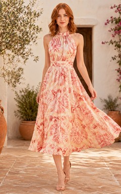 Vestido midi de corte A con escote halter y volantes en forma de concha de coral