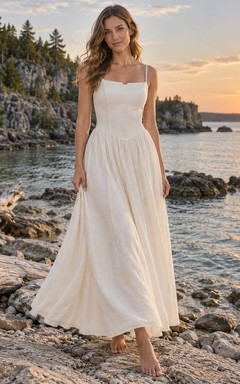 Simple Square Neck Linen Blend Wedding Dress with Fine Straps and Dropped A-Line Waist