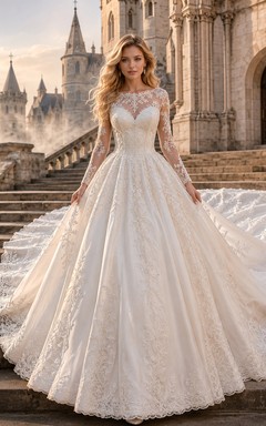 Robe de mariée en dentelle et tulle, robe de bal, bustier cœur, manches longues, traîne, dos nu en V