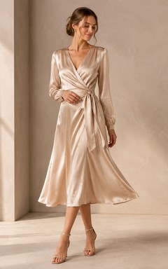 Champagnerfarbenes, langärmeliges Wickelkleid aus Satin mit V-Ausschnitt für Teegäste