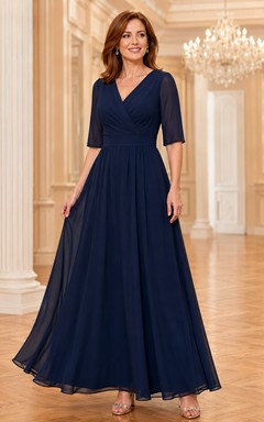 Dark Navy V Neck Half Sleeve Chiffon A Line Formal Dress