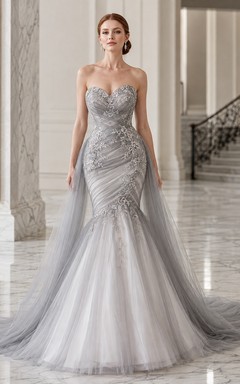 Steel Gray Mermaid Sweetheart Beaded Tulle Ruching Sweep Luxury Bridal Gown