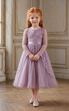 Flower Girl Dress Lavender Lace Tulle A-Line Long Sleeve Jewel Neck Tea Length