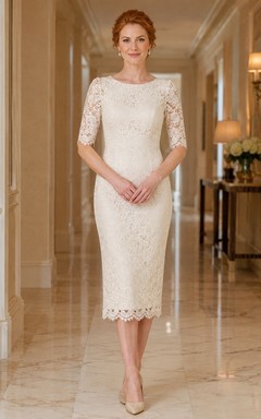 Modest Bateau Three-Quarter Sleeve Lace Sheath Tea-Length Civil Wedding Dress
