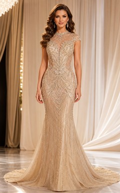 Champagne Jewel Neck Sleeveless Beaded Sequined Mermaid Pageant Dress