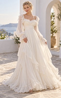 Schulterfreies Brautkleid mit Bischofsärmeln, fließenden Rüschen und A-Linien-Schnitt