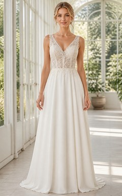 Vestido de novia sencillo de playa, corte A, escote en V profundo, encaje y gasa