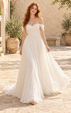 Vestido de novia sencillo de gasa con escote corazón y falda acampanada, corte en A y sin hombros.