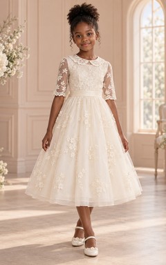 Tea-length Vintage Cream A-line Floral Lace Collared Elbow-sleeve Flower Girl Dress