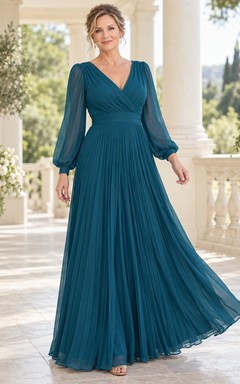 Teal Formal Floor-Length V-Neck Bishop-Sleeve Chiffon Pleated A-Line Evening Gown