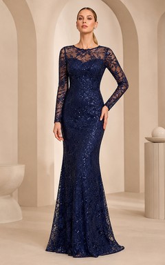 Dunkelblaues, bodenlanges Meerjungfrauen-Abendkleid mit filigranem Muster, langen Ärmeln und Spitzenbesatz